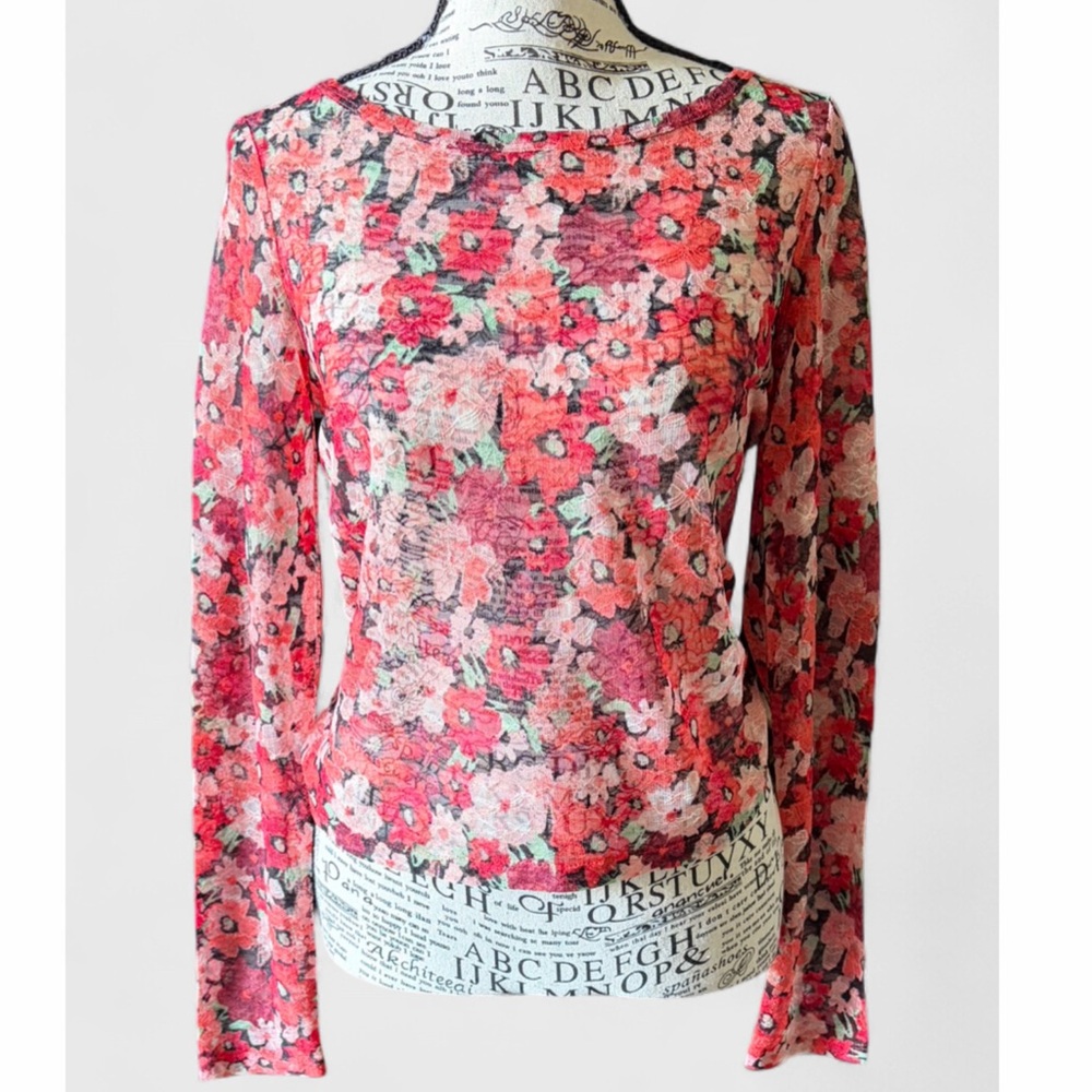 American Rag Cie Sheer Floral Mesh Long Sleeve Babydoll Crop Top - size Small